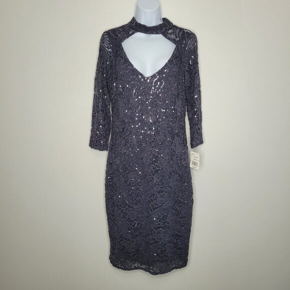 Marina dark blue gray lace sparkly high neck mother of the midi dress 10 NWT - Picture 1 of 9
